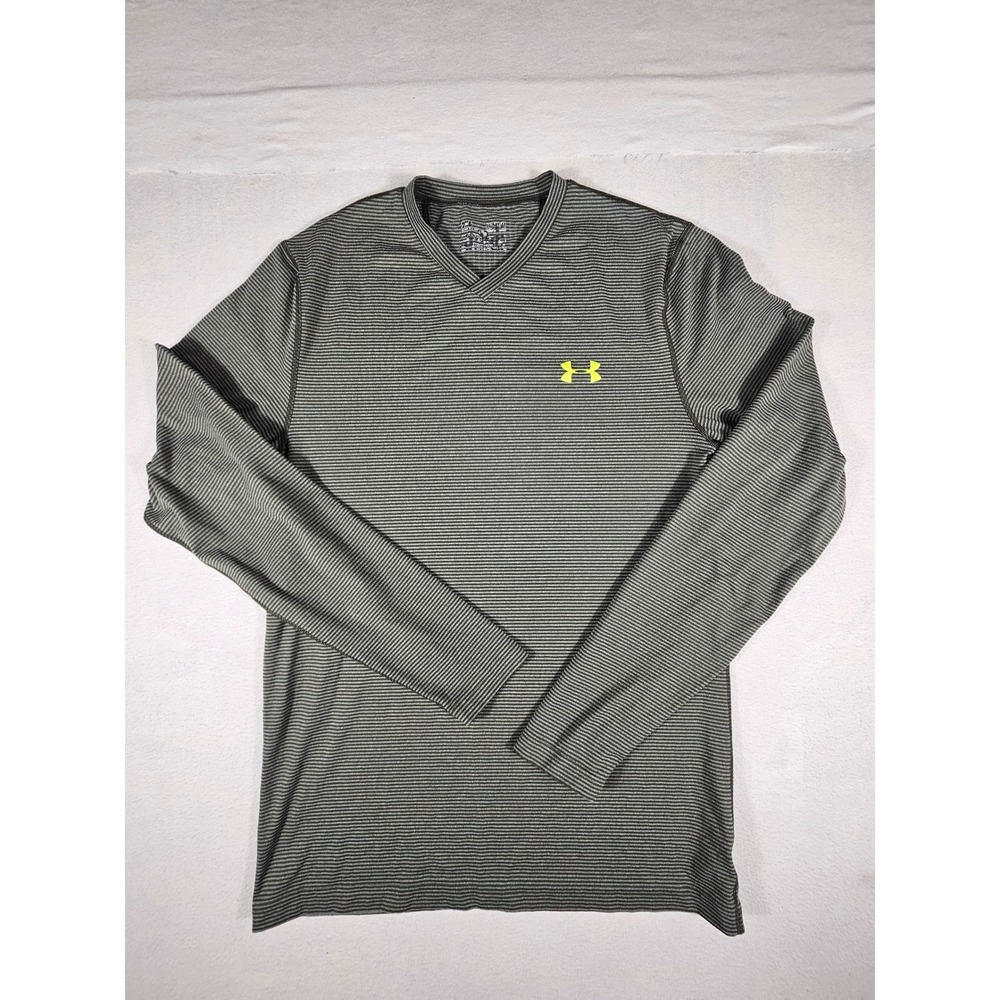 Under Armour Mens ColdGear V-Neck Long Sleeve Shirt Grey Stripe 1248933 Medium